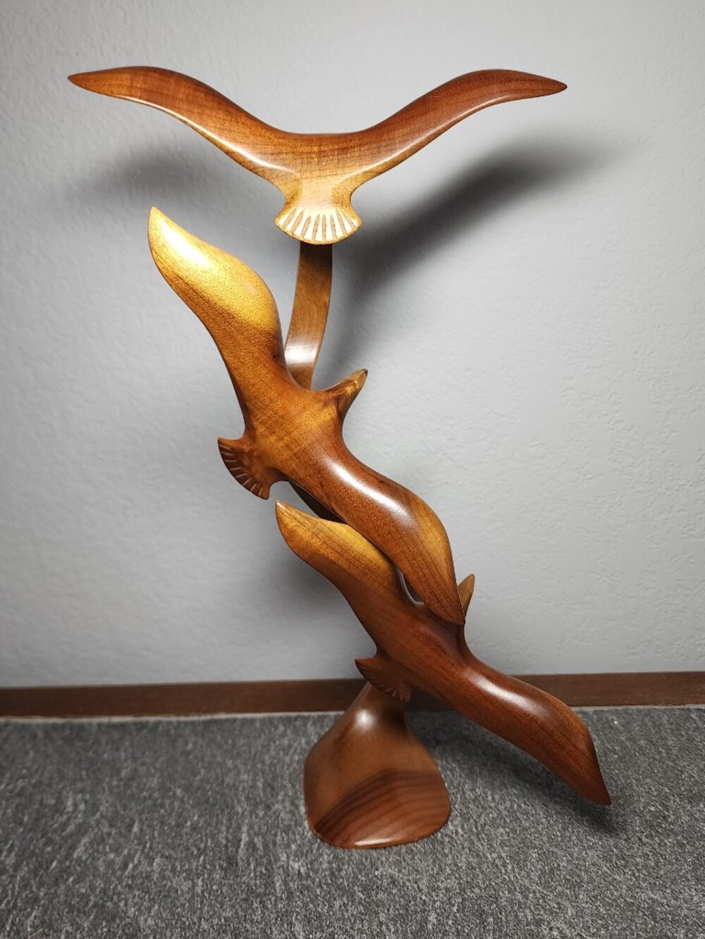 Vtg MCM Oregon Myrtlewood Triple Seagull Bird Flight Sculpture Grants Pass Label